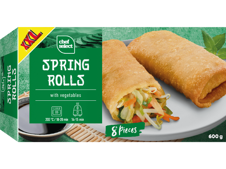 Vårrullar med grönsaker, 8 stycken, 600g, XXL-förpackning, tillagningsinstruktioner.
