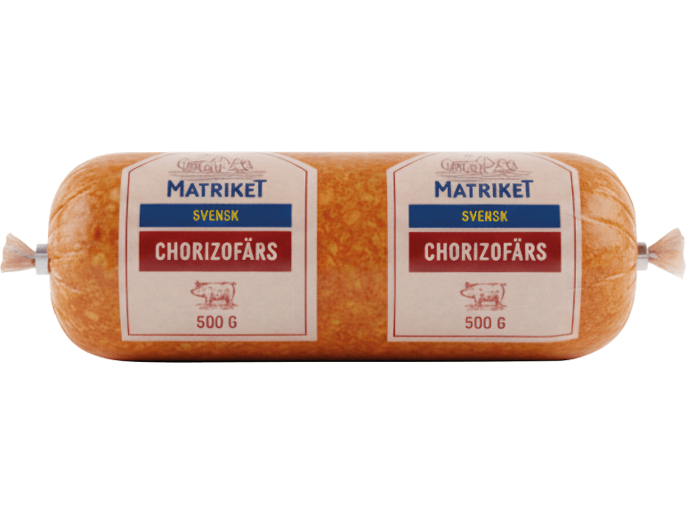 Två 500g förpackningar svensk chorizofärs, på svart bakgrund.