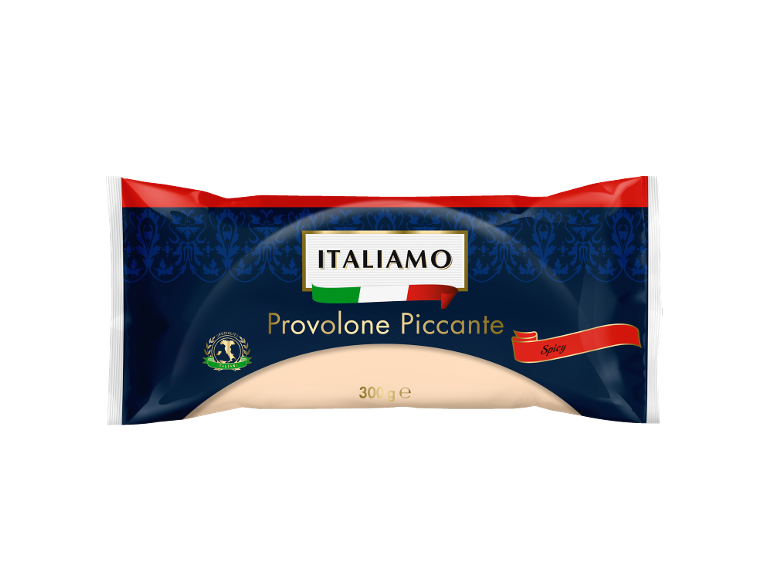 Förpackad provolone piccante ost, 300g, med 'Spicy' etikett och italienska flaggfärger
