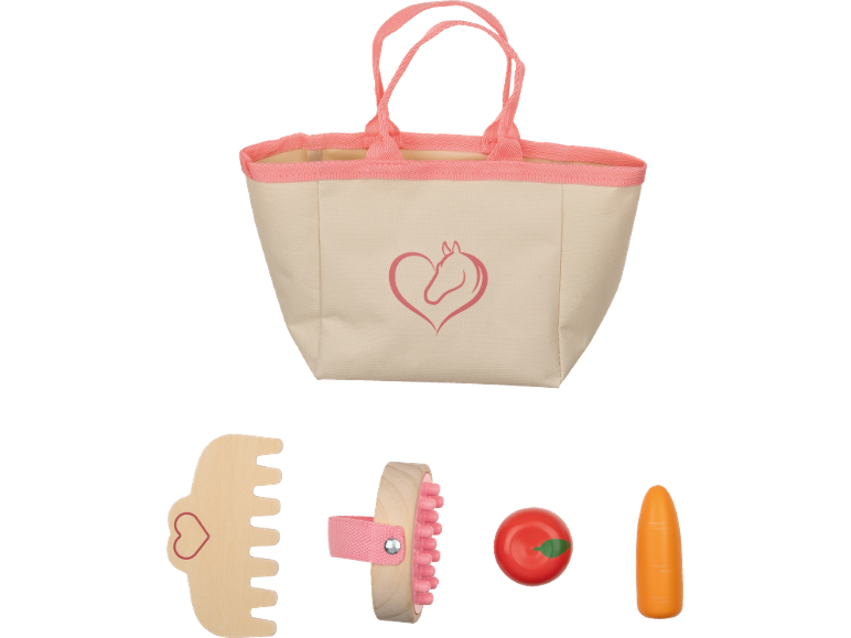 Leksaksset för hästvård med tygväska, kam, borste, äpple och morot.