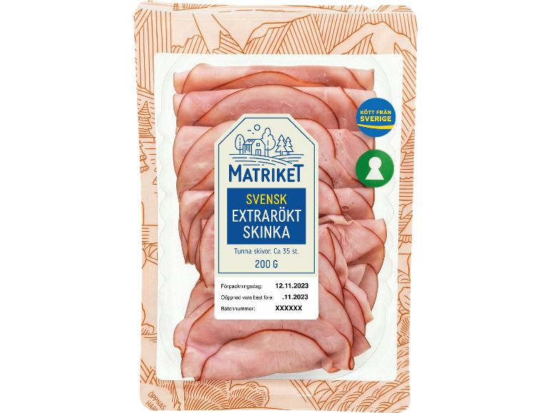Förpackad svensk extrarökt skinka med 35 tunna skivor och 200g, med förpacknings- och bäst före-datum.