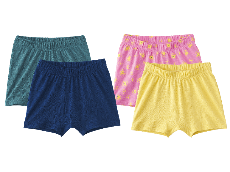 Två par barnboxershorts: ett par rosa med solar, ett gult, ett blått och ett turkost.