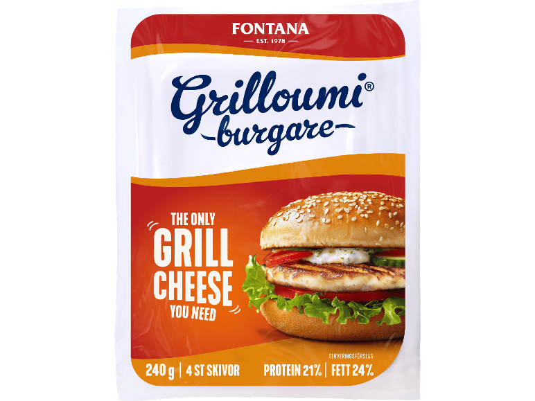 Förpackning med grillostburgare, texten 'THE ONLY GRILL CHEESE YOU NEED' och näringsinformation.