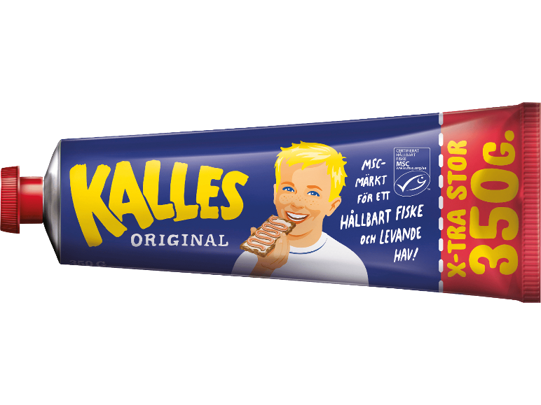 Blå tub med kaviar, texten ”Original” och en pojke som äter knäckebröd.