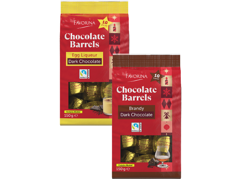 Favorina chokladfat med ägglikör och brandy, 150g förpackningar.