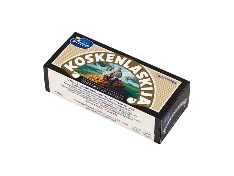 En förpackning med laktosfri smältost med en bild av en man som sitter på stockar.