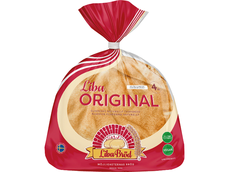 Original tunnbröd i förpackning, med text som indikerar att det är veganskt och laktosfritt.