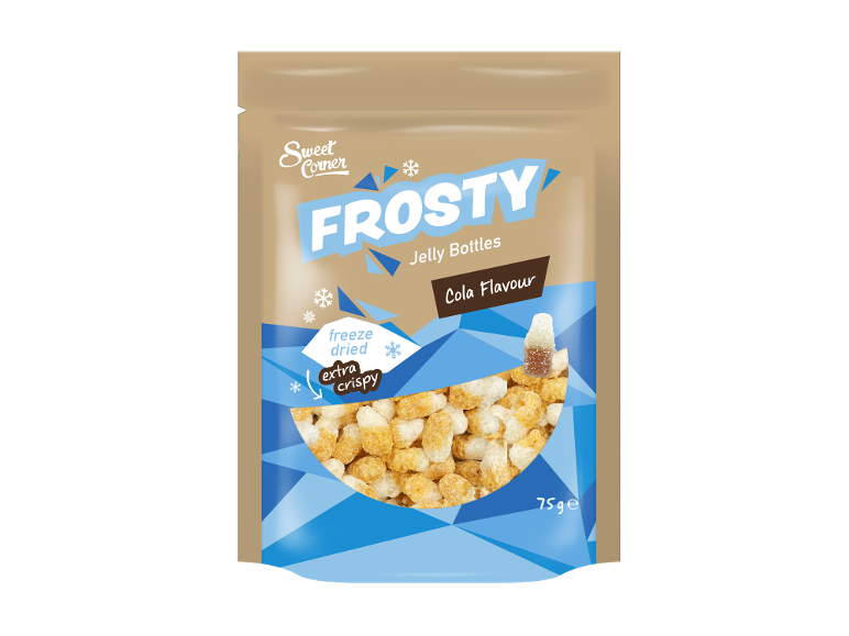 Påse med frystorkade, extra krispiga gelégodis med colasmak.
