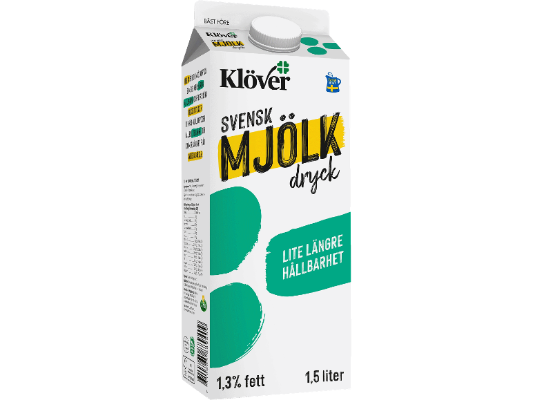 Mjölkpaket med 1,3% fett och 1,5 liter, med svensk text och grön-gul design.