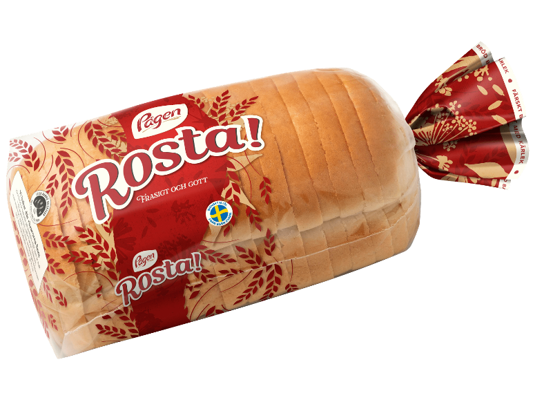 Förpackat skivat vitt bröd med en röd etikett som visar veteax och text.