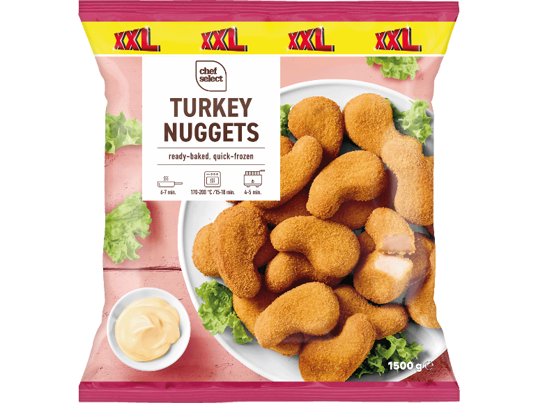 XXL-förpackning frysta kalkonnuggets med tillagningsinstruktioner och en skål dipp.