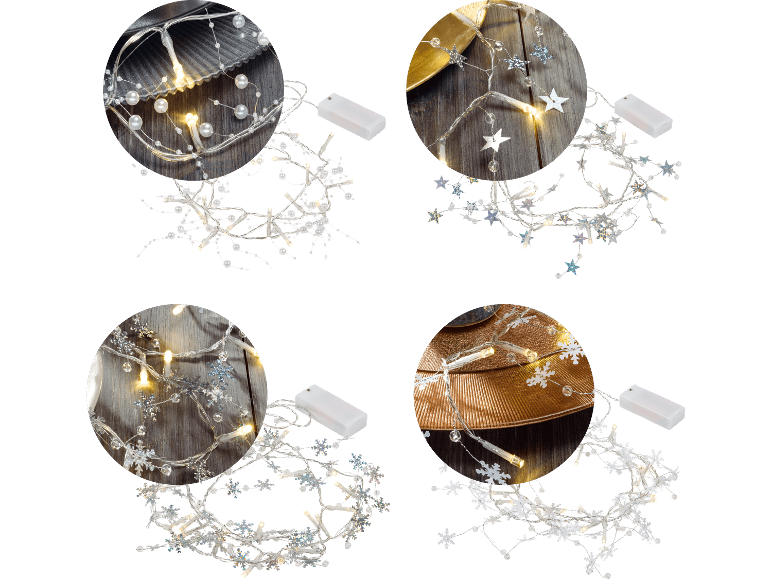 LIVARNO HOME LED-ljusdekoration med pärlor, stjärnor och snöflingor.
