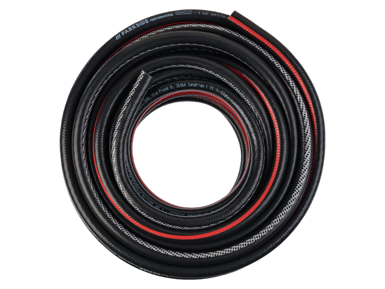 Svart trädgårdsslang med röda och vita ränder, 13 mm (1/2') och 6 bars arbetstryck.