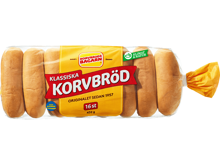 Förpackning med 16 klassiska korvbröd, 432g, med en 'Klimat & Natur'-etikett.