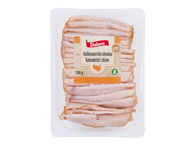 Förpackning med tunt skivat kalkonbröst, 200g.
