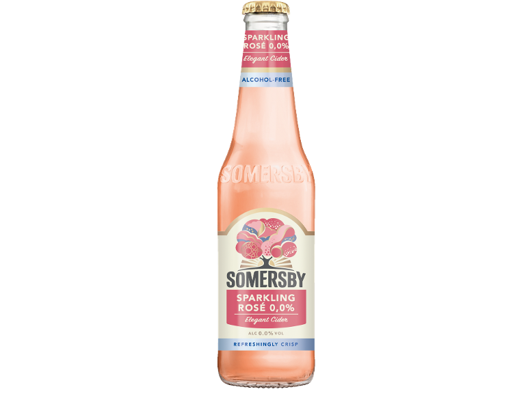 Flaska mousserande rosé alkoholfri cider, med en färgglad träddesign på etiketten.