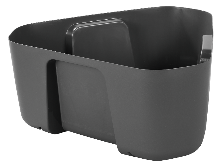 Grå plastförvaringsbehållare med ett fack, sedd ovanifrån.