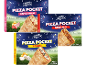 Tre förpackningar pizzapockets: skinka & ost, bolognese och tre ostar.