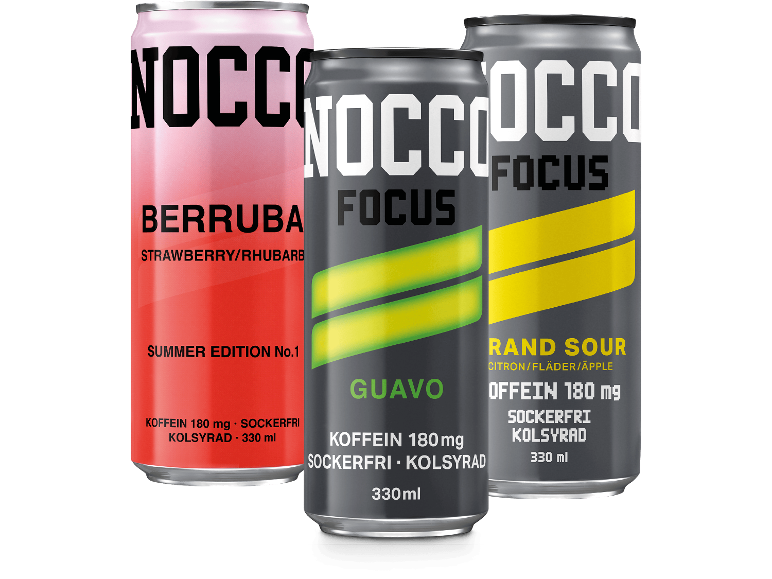 Tre energidrycksburkar: rosa jordgubb/rabarber, grå guava och grå citron/fläder/äpple.