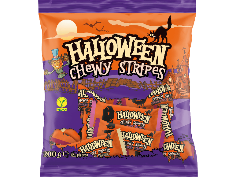 HALLOWEEN Kaubonbon Streifen, 200 g förpackning med Halloween-tema.