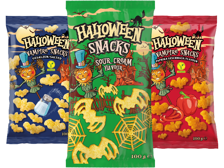 Tre påsar Halloween Vampire Snacks med smak av salt, gräddfil och paprika.