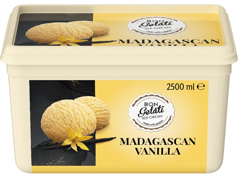 Vaniljglass i stor förpackning med vaniljstänger och blommor, 2500 ml.