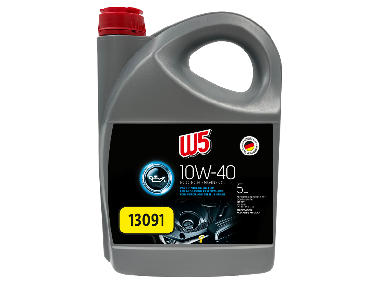 5L 10W-40 delsyntetisk motorolja för bensin- och dieselmotorer, tillverkad i Tyskland.