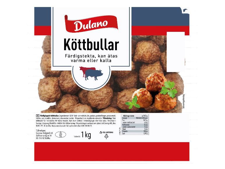 Färdiglagade köttbullar med närings- och ingrediensinformation.