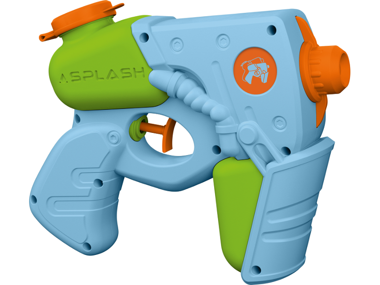 Blå och grön leksaksvattenpistol med orange detaljer, med ordet 'ASPLASH'.
