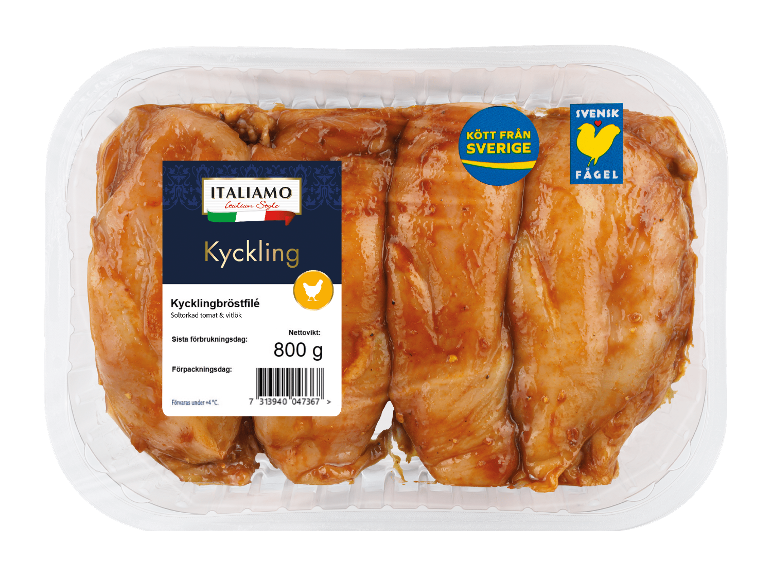 Marinerad kycklingbröstfilé med soltorkad tomat och vitlök, 800g, transparent förpackning.