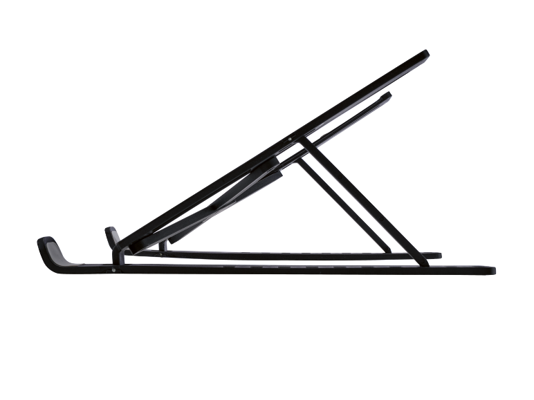 Svart hopfällbart stativ för laptop eller surfplatta.