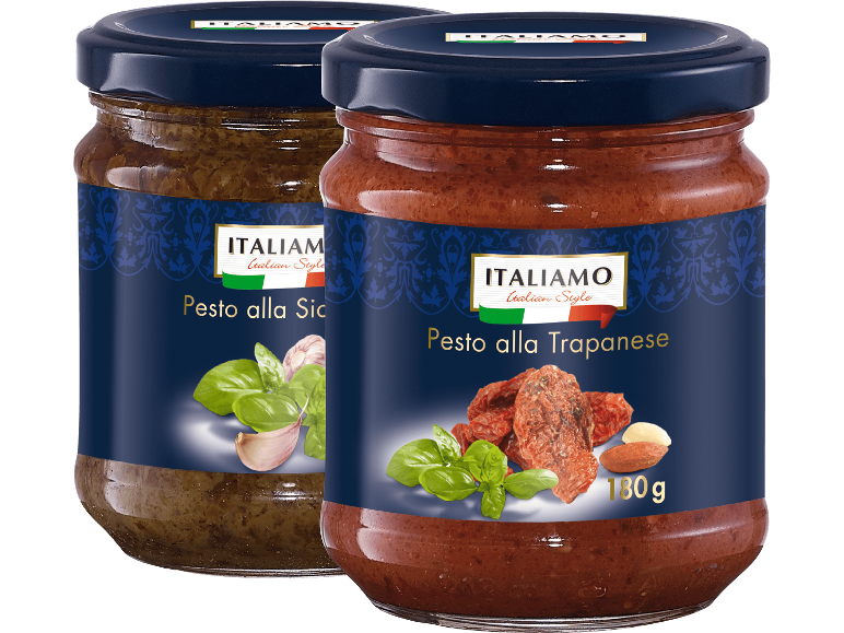 Två burkar italiensk pesto: Pesto alla Trapanese och Pesto alla Siciliana.