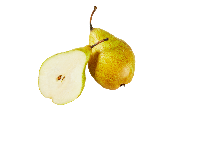 Två färska päron, ett helt och ett halverat, som visar fröna.