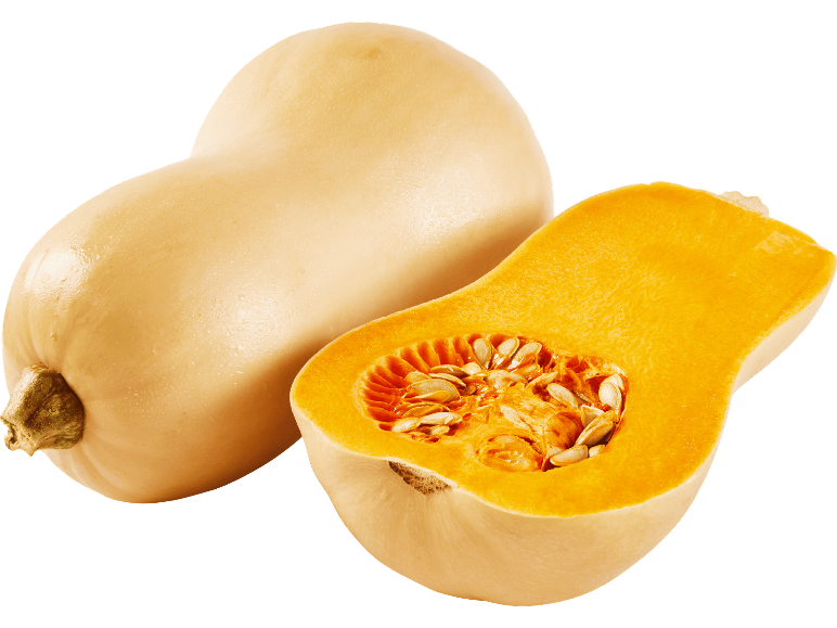 En hel butternutpumpa bredvid en halverad butternutpumpa som visar sina kärnor