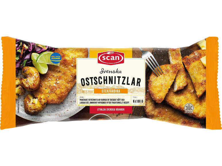 Förpackning med svenska panerade ostschnitzlar, frysta, stekfärdiga, med potatis och sallad.