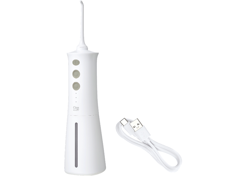 Vit munsköljare med USB-C laddningskabel.