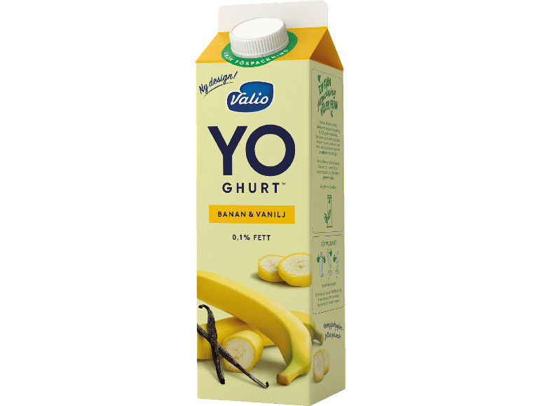Banan- och vaniljyoghurt med 0,1% fett i ny designförpackning.