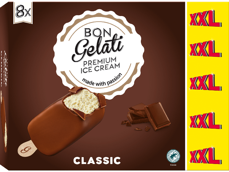 Förpackning med 8 klassiska premiumglassar med chokladöverdrag, med XXL-text på sidan.