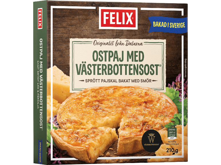 Ostpaj med Västerbottensost, lök och persilja, bakad i Sverige.