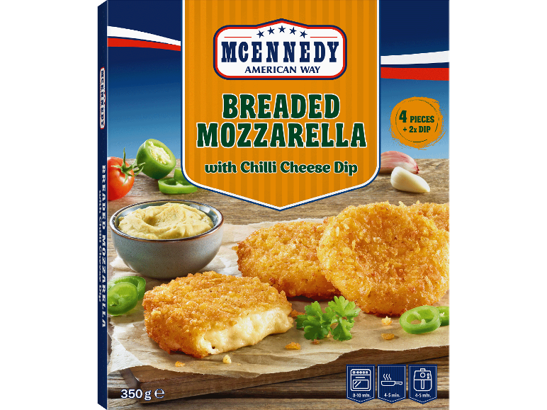 Panerad mozzarella med chili-ostdipp, 4 bitar med 2 dippar, 350g.