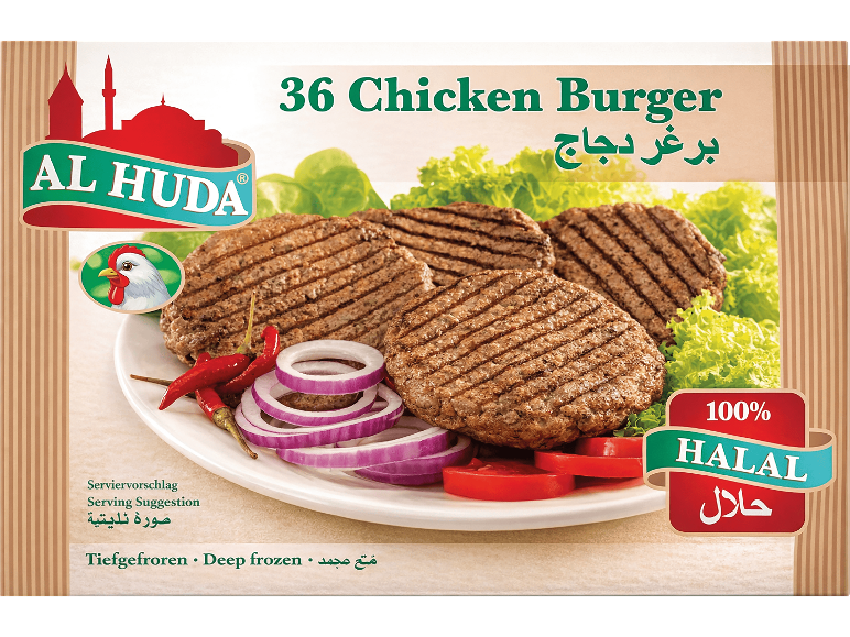 Förpackning med 36 kycklingburgare med halal-certifiering, djupfrysta.