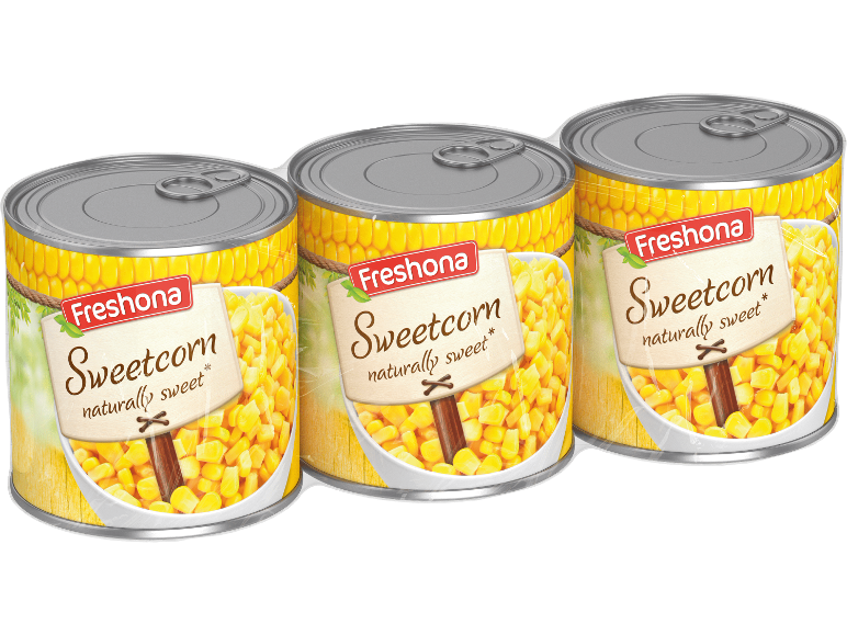 Tre burkar konserverad majs, med texten 'Sweetcorn naturally sweet' på etiketten.