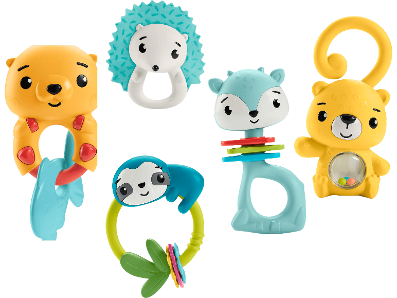 Färgglada babyleksaker med djurfigurer som björn, igelkott, rådjur och sengångare.