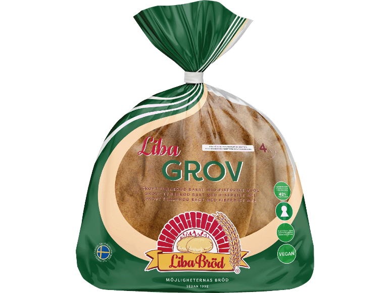 Grovt tunnbröd med 42% fiber, utan tillsatt socker eller konserveringsmedel, veganskt.