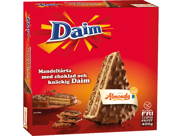 Förpackning med fryst mandeltårta med choklad och knäckig karamell, glutenfri, 400g.