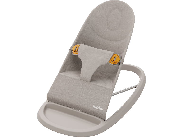 Grå babysitter med orange säkerhetssele och beige bas.