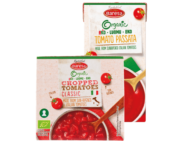 Ekologisk tomatpassata och hackade tomater, gjorda av solmogna italienska tomater.