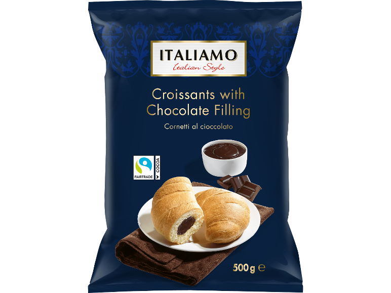 Mörk förpackning med chokladfyllda croissanter, med Fairtrade kakao-logotyp.