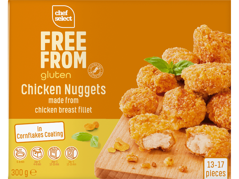 Glutenfria kycklingnuggets i cornflakespanering, 300g, 13-17 bitar.