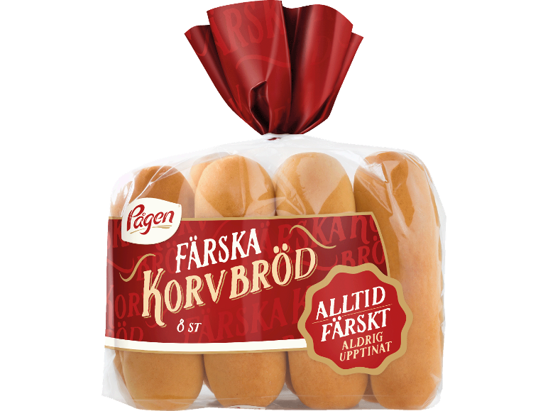 Förpackning med färska korvbröd med texten 'alltid färskt'.